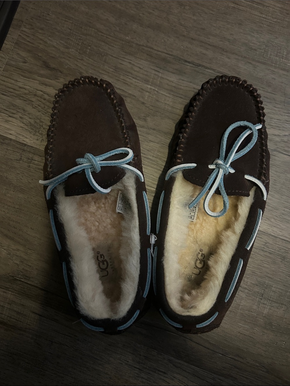 UGG Women’s Dark Brown Suede Moccasins with Light Blue Trim